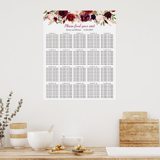 Bourgogne Floral 20 Tables Wedding Seating Chart Poster (Keuken)