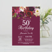 Bourgogne Floral 50e verjaardag Uitnodiging (Staand voorkant)