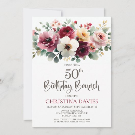 Bourgogne Floral 50ste Verjaardag Brunch Kaart (Voorkant)