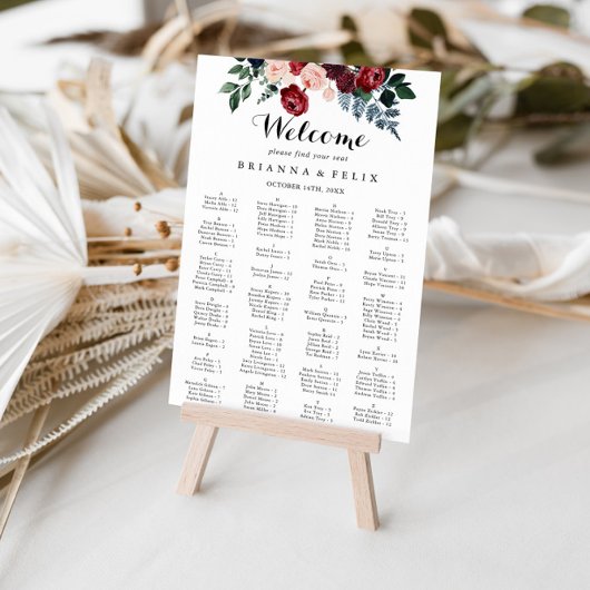 Bourgogne Floral Alfabetical Seat Chart Poster