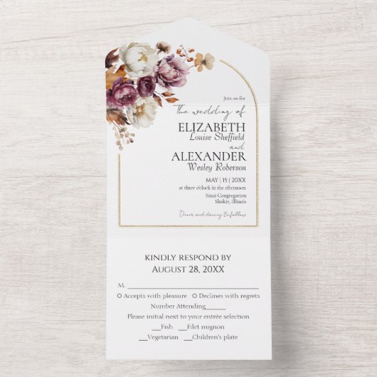 Bourgogne Floral Arch Gold | Herfstbruiloft All In One Uitnodiging (Binnen)