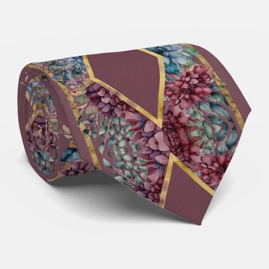 Bourgogne Floral Argyle Waterverf Flowers Stropdas (Opgerold)