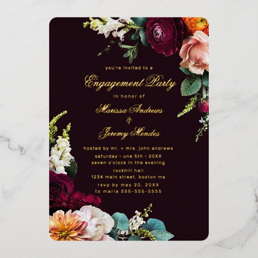 Bourgogne Floral Calligraphy Engagement Party Gold Folie Uitnodiging (Voorkant)
