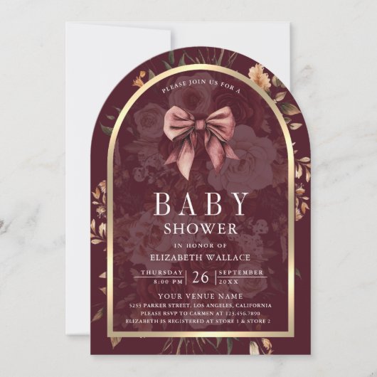 Bourgogne Floral Coquette Bow Arch Baby shower Kaart (Voorkant)