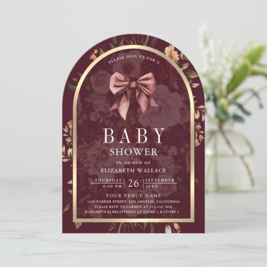Bourgogne Floral Coquette Bow Arch Baby shower Kaart (Staand voorkant)