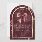 Bourgogne Floral Coquette Bow Arch Eerste Verjaard Kaart (Voorkant)