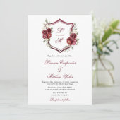 Bourgogne Floral Crest Huwelijksuitnodiging Kaart (Staand voorkant)
