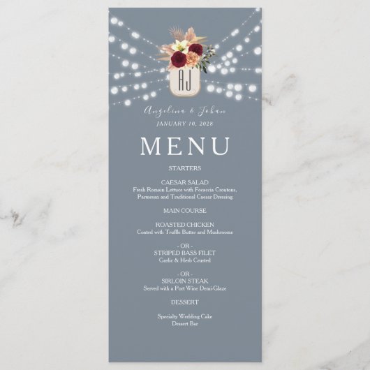 Bourgogne Floral Dusty Blue Wedding Menu (Voorkant)