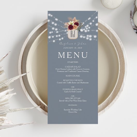 Bourgogne Floral Dusty Blue Wedding Menu