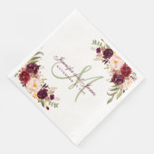Bourgogne Floral Elegant Monogram Rustiek Huwelijk Servet (Hoek)