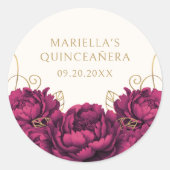 Bourgogne Floral Elegant Quinceanera Ronde Sticker (Voorkant)
