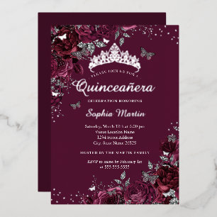 Bourgogne Floral Elegant Zilveren Quinceanera Folie Uitnodiging