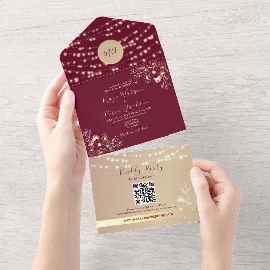 Bourgogne Floral Fall Wedding All In One Uitnodiging (Afscheurbaar)