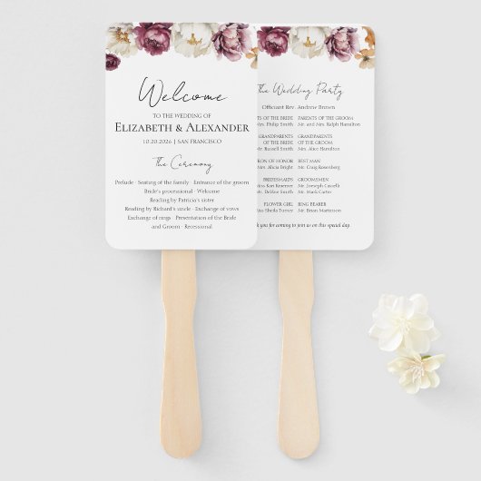 Bourgogne Floral Fall Wedding Ceremony Program Sig Handwaaier (Voorkant en achterkant)