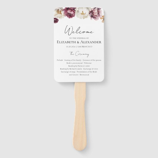 Bourgogne Floral Fall Wedding Ceremony Program Sig Handwaaier (Voorkant)