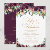 Bourgogne Floral Fifty & Fabulous 50th Birthday Kaart (Voorkant / Achterkant)