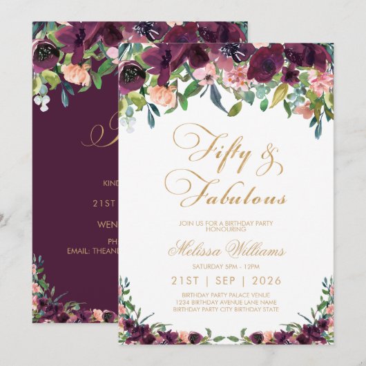 Bourgogne Floral Fifty & Fabulous 50th Birthday Kaart (Voorkant / Achterkant)