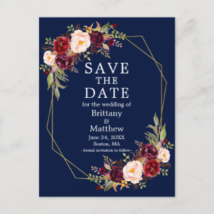 Bourgogne Floral Geo Lijst Blauw Save the Date Briefkaart