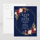 Bourgogne Floral Geo Lijst Blauw Save the Date Briefkaart (Voorkant / Achterkant)