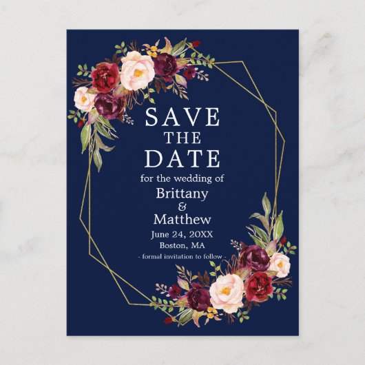 Bourgogne Floral Geo Lijst Blauw Save the Date Briefkaart (Voorkant)