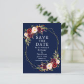 Bourgogne Floral Geo Lijst Blauw Save the Date Briefkaart (Staand voorkant)
