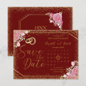 Bourgogne Floral Gliter Jubileum Bewaar de datum Aankondigingskaart (Voorkant / Achterkant)