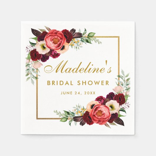 Bourgogne Floral Gold Boho Vrijgezellenfeest Servet (Voorkant)