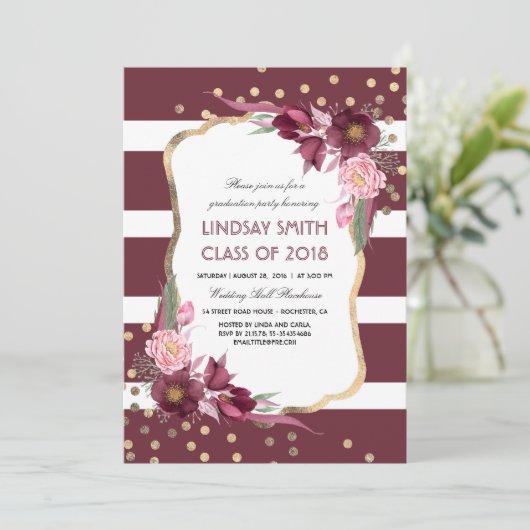Bourgogne Floral Gold Confetti Graduation Party Kaart (Staand voorkant)