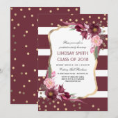 Bourgogne Floral Gold Confetti Graduation Party Kaart (Voorkant / Achterkant)