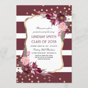 Bourgogne Floral Gold Confetti Graduation Party Kaart