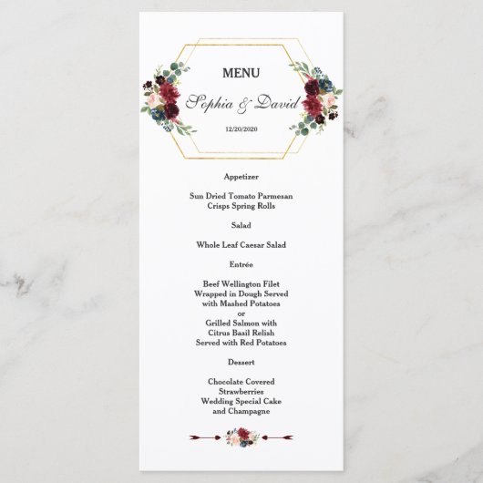 Bourgogne Floral Gold Hexagon Lijst Wedding Menu (Voorkant)