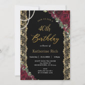  Bourgogne Floral Gold Lace Pearls Birthday Kaart (Voorkant)