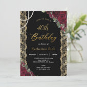  Bourgogne Floral Gold Lace Pearls Birthday Kaart (Staand voorkant)