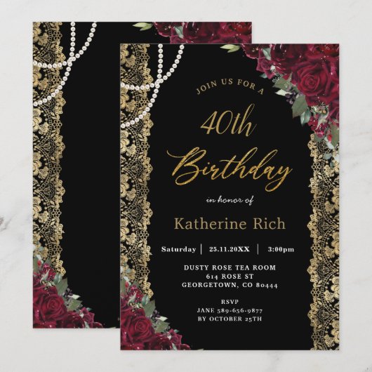  Bourgogne Floral Gold Lace Pearls Birthday Kaart (Voorkant / Achterkant)