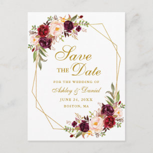 Bourgogne Floral Gold Lijst Save the Date Aankondigingskaart