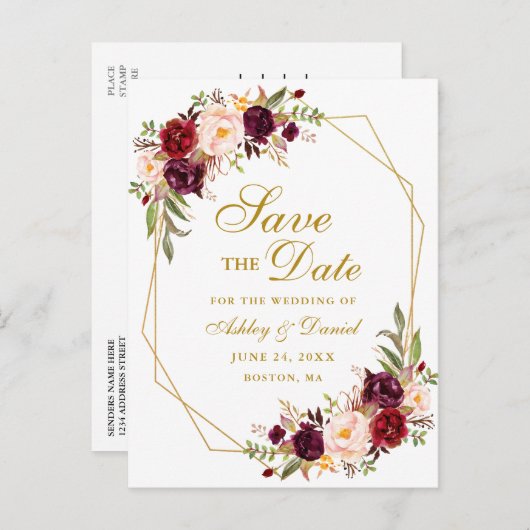 Bourgogne Floral Gold Lijst Save the Date Aankondigingskaart (Voorkant / Achterkant)