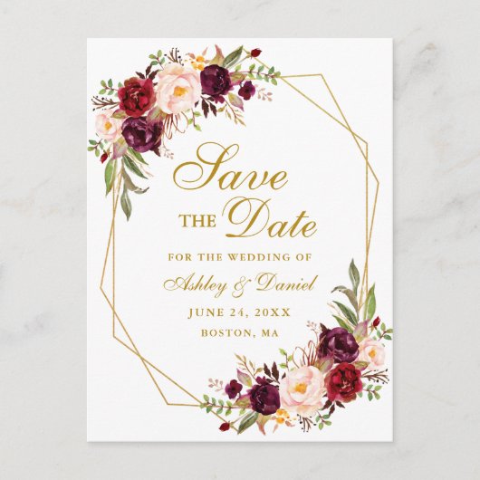 Bourgogne Floral Gold Lijst Save the Date Aankondigingskaart (Voorkant)