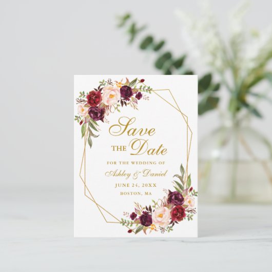 Bourgogne Floral Gold Lijst Save the Date Aankondigingskaart (Staand voorkant)