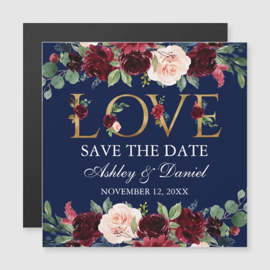 Bourgogne Floral Gold Love Magnetic Save the Date (Voorkant / Achterkant)