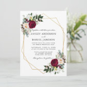 Bourgogne Floral Greenery Gold Lijst Wedding Kaart (Staand voorkant)
