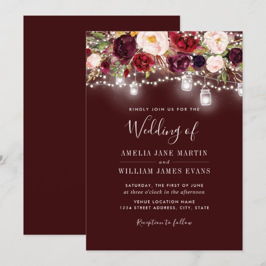 Bourgogne Floral Lights Huwelijksuitnodiging Kaart (Voorkant / Achterkant)