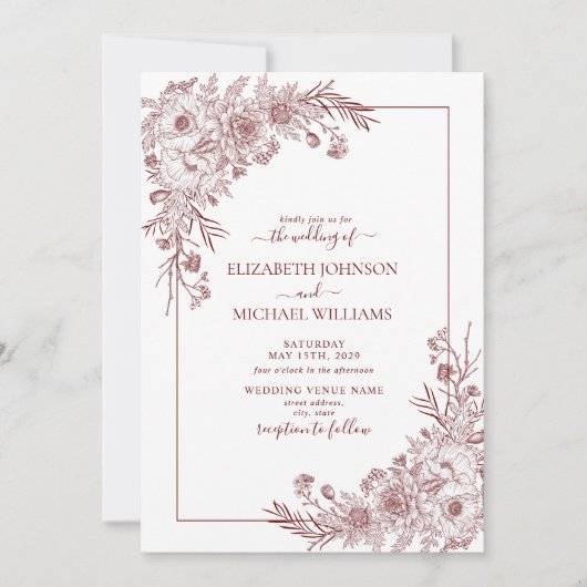 Bourgogne Floral Line Art Weddenschap Kaart (Voorkant)