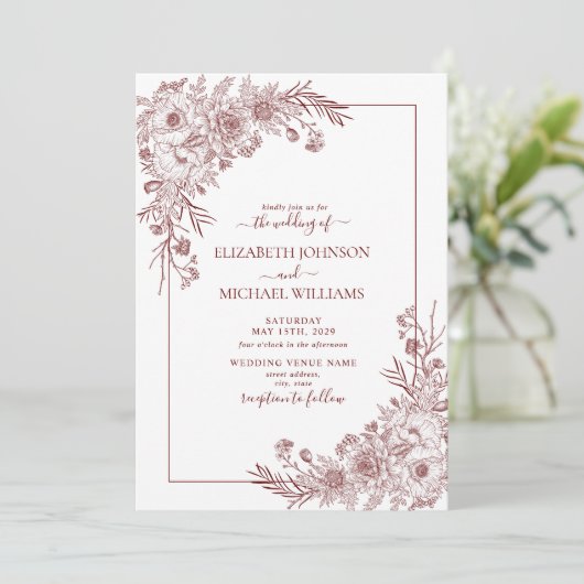 Bourgogne Floral Line Art Weddenschap Kaart (Staand voorkant)
