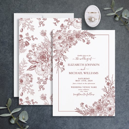  Bourgogne Floral Line Art Weddenschap Kaart