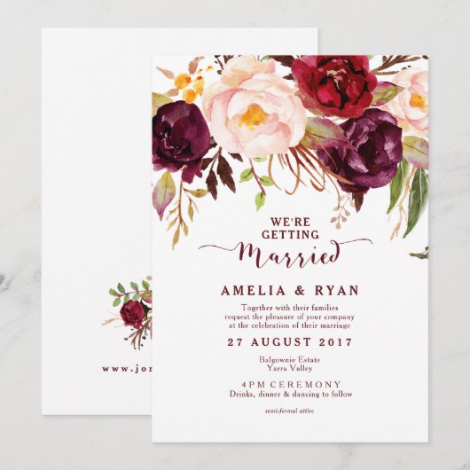 Bourgogne Floral Marsala bruiloft uitnodiging (Voorkant / Achterkant)