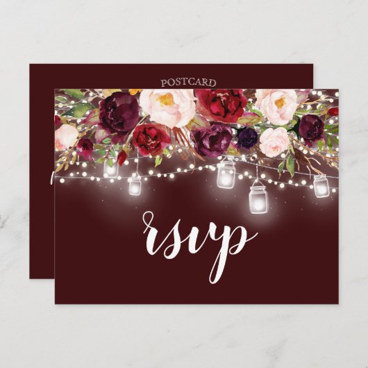 Bourgogne Floral Mason Jar String Lights RSVP Uitnodiging Briefkaart (Voorkant / Achterkant)