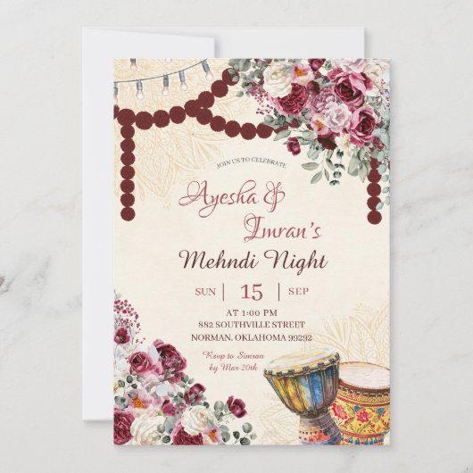 Bourgogne Floral Mehndi, Haldi, Sangeet, Rokka Kaart (Voorkant)