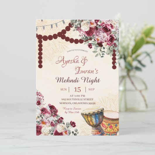 Bourgogne Floral Mehndi, Haldi, Sangeet, Rokka Kaart (Staand voorkant)