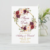Bourgogne Floral met grote gouden bewaarder de dat Save The Date (Staand voorkant)