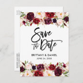 Bourgogne Floral Modern Brush Script Bewaar de dat Aankondigingskaart (Voorkant / Achterkant)